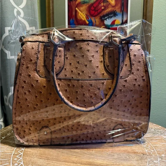 London Fog Brown Ostrich-Embossed Satchel Bag, often named "Lark" - Picture 11 of 12